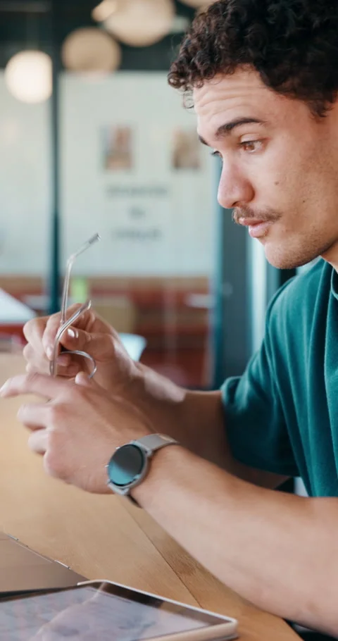 Remote work, laptop or man with headache in cafe for eye strain, search engine Stock Footage 336263569