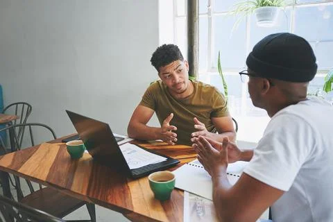 Remote work, laptop or men in bistro with paper, problem solving or funding.. 库存照片