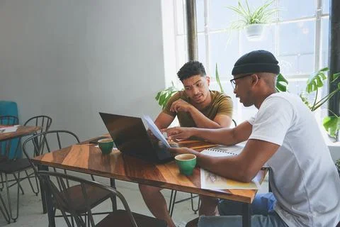Remote work, laptop or men in cafe with paper, draft feedback or proposal o.. Foto stock