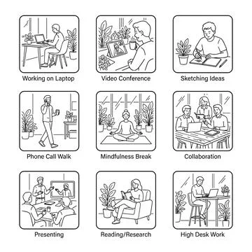 Remote Work Lifestyle Line Illustrations, Modern Office Productivity Concep.. Ilustración de archivo