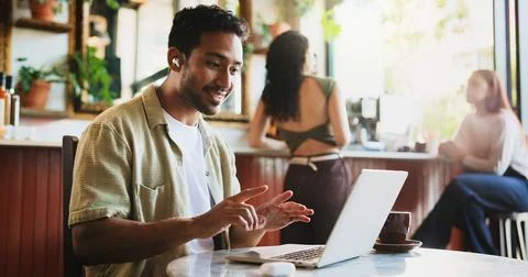 Remote work, man and laptop in cafe for video call, virtual lesson and language Stock Photos