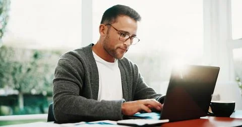 Remote work, man and research on laptop in home for financial reporting, so.. Stock Photos