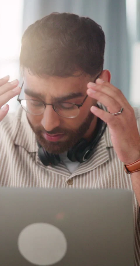 Remote work, man and stress at laptop in home for ticket backlog, site glitch or Stock Footage 337222043