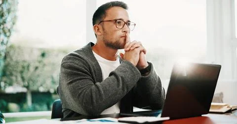 Remote work, man and thinking with laptop in home for source finding, audit.. Stock Photos