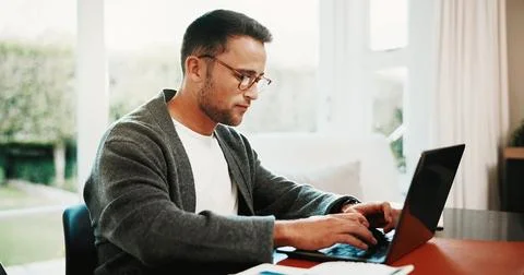 Remote work, man and typing on laptop in home for financial reporting, exte.. Stock Photos
