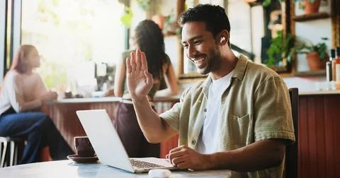 Remote work, man and wave at laptop for video call, virtual lesson and language Stock Photos
