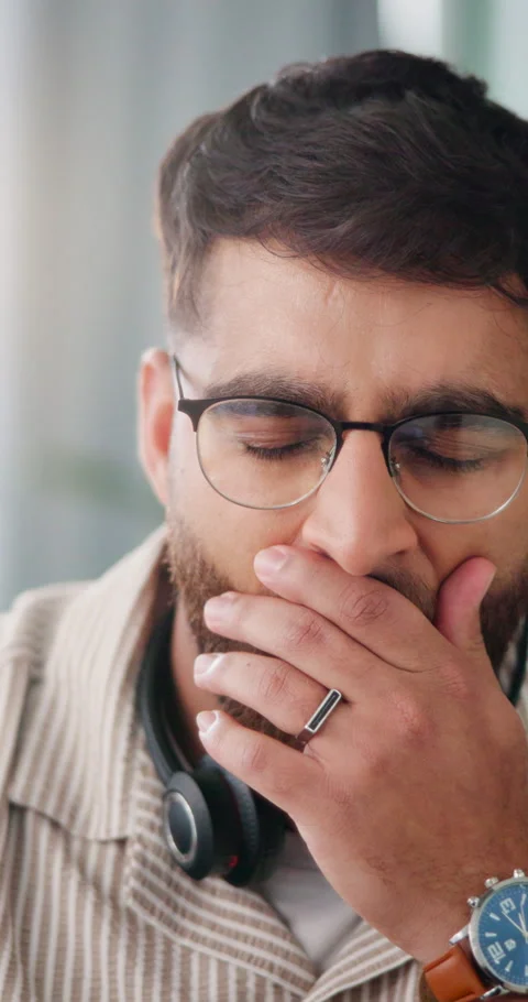 Remote work, man or tired with yawn in home for helpdesk overload, high call Stock Footage 337222219