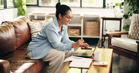 Remote work, notebook and woman on laptop for online article, news report and Stock Footage 329433054