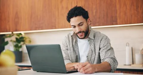 Remote work, notes or man in house with laptop, draft review or novel editing in Stock Photos