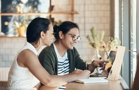 Remote work, notes or people in cafe with laptop, proposal draft or teamwor.. Stock Photos