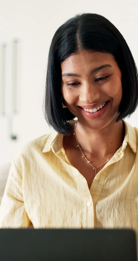 Remote work, online and happy woman with laptop in home, graphic designer and Stock Footage 340882358