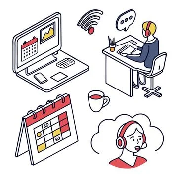 Remote work online collaboration and productivity setup icons Stock Illustration
