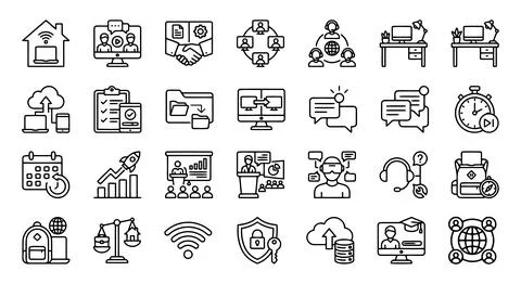 Remote Work Online Communication Collaboration Productivity Line Icon Set Illustrazione stock
