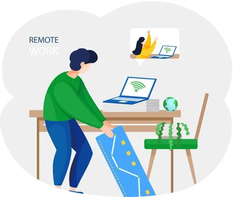 Remote work, online meeting workspace. Video call chat conference illustration Иллюстрация
