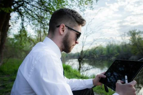Remote work online. Work outside the office Stock Photos