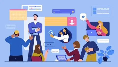 Remote work or education, flat employees working or learning online Illustrazione stock