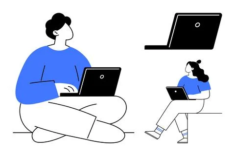 Remote Work or Online Learning with Laptops People Engaged in Digital Activ.. Stock Illustration