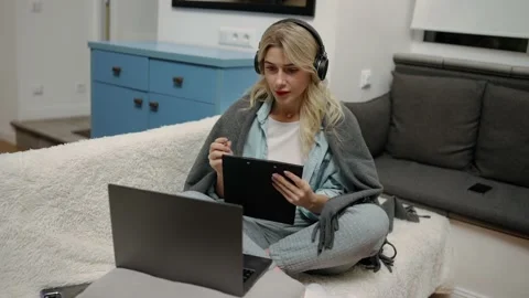 Remote work or social distance learning from home, woman taking notes Stock Footage 234664520