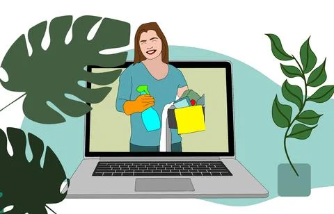 Remote Work or Study at Home and Household Chores.Mother Working at Laptop While Stock Illustration