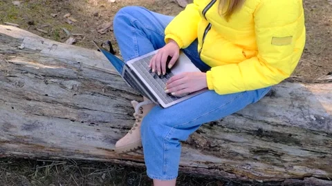 Remote work or study. A top view of the woman using a laptop sitting on a log in Stock-Footage 165839856
