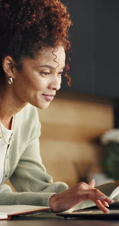 Remote work, paper or woman in house with tablet, proofreading or draft review Stock Footage 336838525