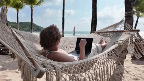 Remote Work Paradise, Hammock Laptop Beach Stock Footage 263337420