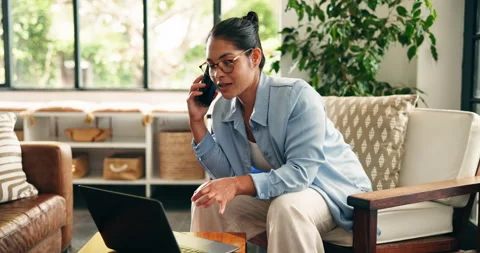 Remote work, phone call and woman on laptop for online article, news source and Stock Footage 329449628