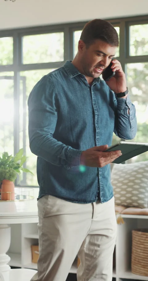Remote work, phone call and man with tablet for contact, client feedback and Stock Footage 330908997