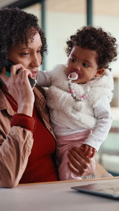 Remote work, phone call and mom with baby in home for contact, client chat and Stock Footage 335891559