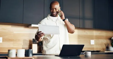 Remote work, phone call or black man in house with paper, client update or .. 스톡 사진
