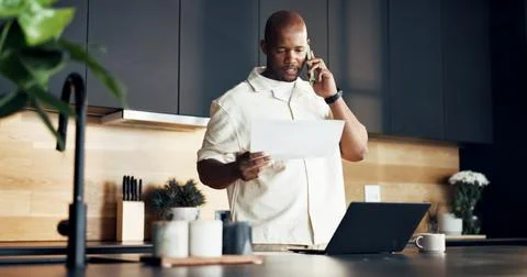 Remote work, phone call or black man in home with paper, client contact or .. 스톡 사진