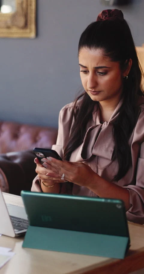 Remote work, phone or Indian woman in cafe with tablet, draft insight or source Stock Footage 331467527