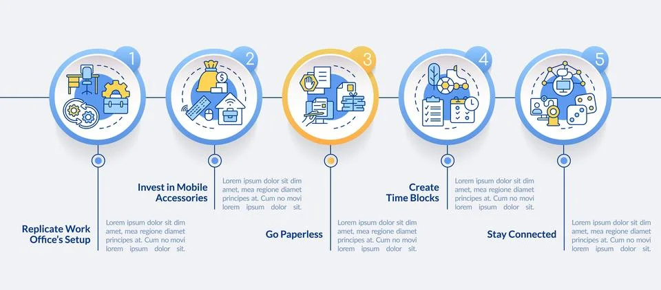 Remote work productivity tips circle infographic template Illustrazione stock