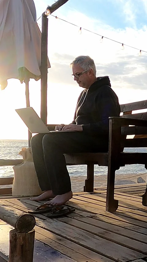 Remote work with sea view Stock Footage 280061118