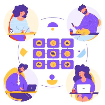 Remote work service, flat vector illustration. Teamwork concept. Illustrazione stock