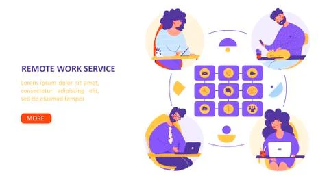 Remote work service, flat vector landing page template. Teamwork concept. Stock Illustration