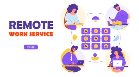 Remote work service, flat vector illustration. Teamwork concept. Stock Illustration