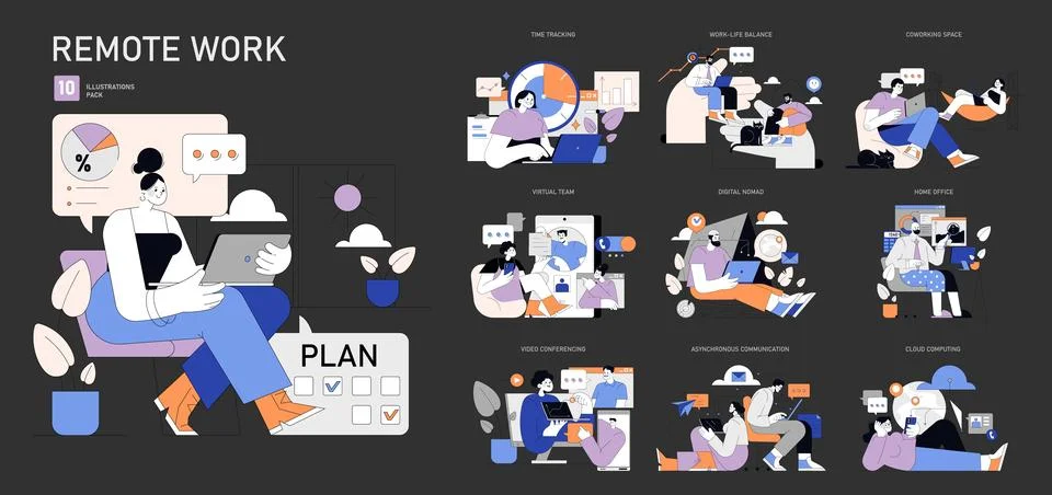Remote Work set. Vector illustration. Illustrazione stock