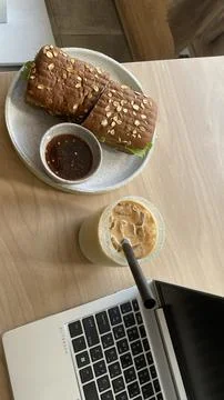Remote Work Setup with Iced Coffee and Breakfast in Alexandria, Egypt Stock Photos