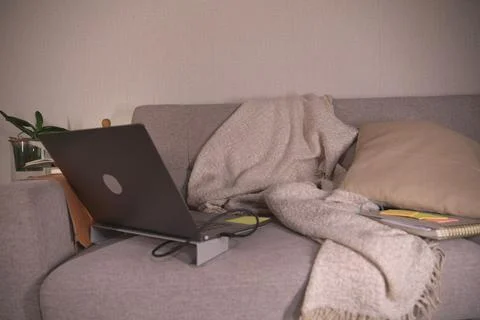 Remote work setup on a sofa for comfort Photos