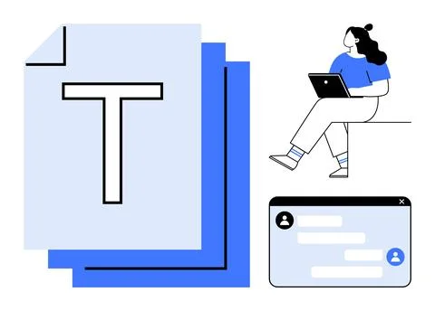 Remote work setup with texting on laptop, document management, online chattin Stock Illustration