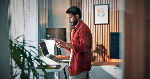 Remote work, tablet and man on treadmill in home for copywriting, editing and Stock Footage 330159462