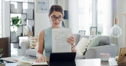 Remote work, tablet and woman with documents, video call and discussion wit.. Stockfoto's