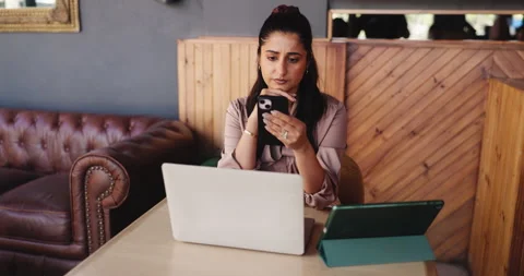 Remote work, tablet or woman in cafe with phone, draft mistake or problem Stock Footage 330100641