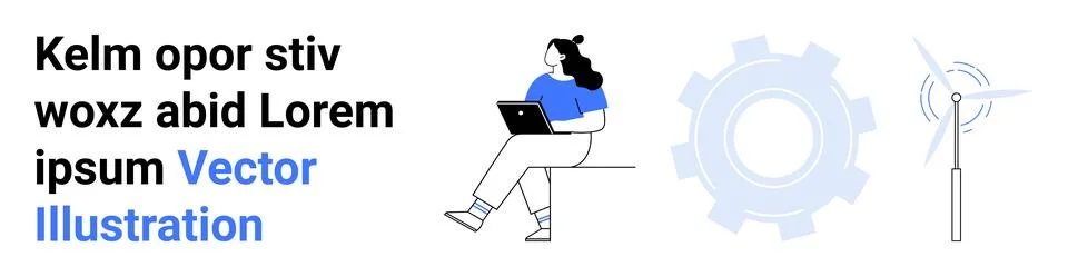 Remote Work with Technology, Gear, and Wind Turbine Elements Representing M.. イラスト素材