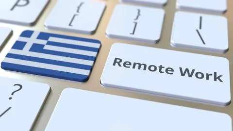 Remote Work text and flag of Greece on the computer keyboard. Telecommuting or Illustrazione stock