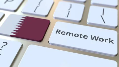 Remote Work text and flag of Qatar on the computer keyboard. Telecommuting or Stock Illustration
