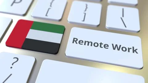 Remote Work text and flag of the United Arab Emirates UAE on the computer 스톡 일러스트