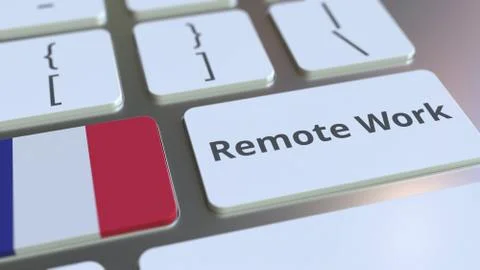Remote Work text and flag of France on the computer keyboard. Telecommuting or Stock Illustration