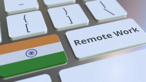 Remote Work text and flag of India on the computer keyboard. Telecommuting or Illustrazione stock